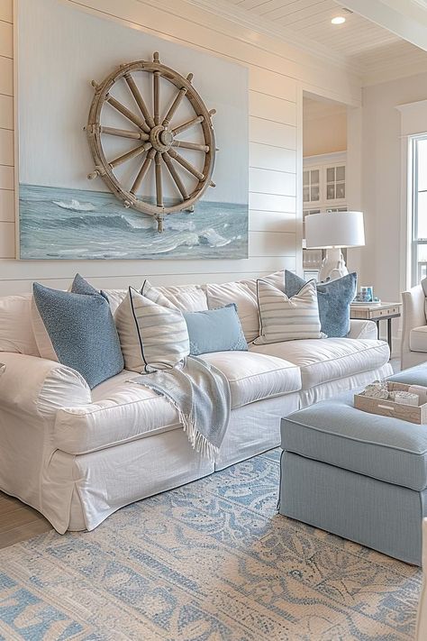 Airy Beachy Living Room, New House Ideas Decor, Summer House Decorations, Beach Home Interior Design, Beachy Decorating Ideas Coastal Style, Ocean Themed House, Coastal Farmhouse Living Room Decor, Beach Aesthetic Home, Beach Living Room Ideas