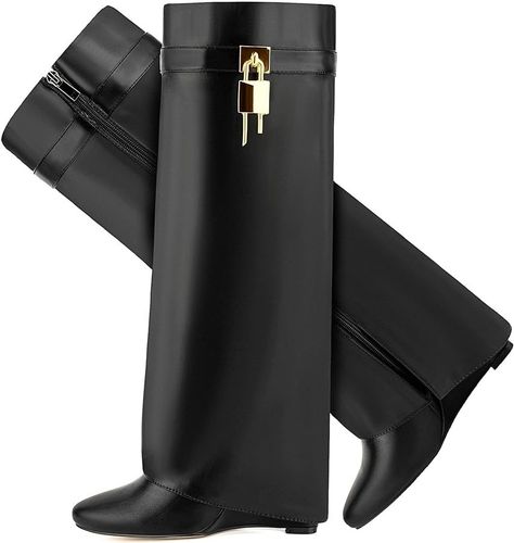 Fold Over Boots for Women Pointy Pull-on Wedge Heel Knee Shark Boot With Side Zipper Padlock Desi... | Amazon (US) Fold Over Wedge Boots Outfit, Black Fold Down Boots, Folded Over Boots, Styling Fold Over Boots, Luxury Black Chic Wedge Boots, Givenchy Fold Over Boots, Wedge Boots Outfit, Fold Over Boots, Wide Calf