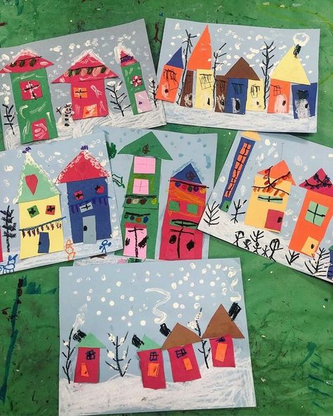 Kindergarten Collage, Winter Houses, معرض فني, Winter Art Lesson, Calendar Advent, Winter Art Projects, Winter Kindergarten, Winter Project, Elementary Art Projects