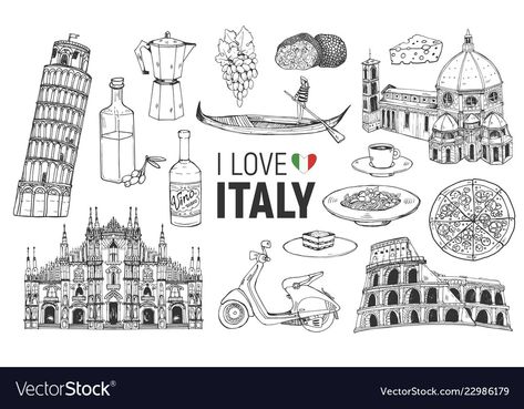 Italian Tattoos Symbols, Tattoos Of Italy, Italy Symbols, Outline Of Italy Tattoo, Italy Icons, Italy Drawing, Italy Symbols Drawing, Italy Inspired Tattoos, Italy Outline