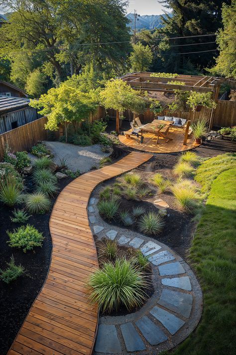 Pie Shaped Backyard Design, Medium Size Backyard Ideas, Garden Boardwalk, Unique Backyard, Backyard Remodel, Backyard Paradise, Diy Backyard Landscaping, Backyard Inspiration, Have Inspiration