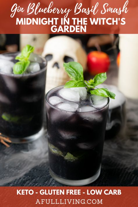 This Gin Blueberry Basil Smash is like Midnight in the Witch’s Garden, made sugar free, low carb and keto friendly! This creepy drink is just in time for Halloween. Tasty and spooky, made jet black with activated charcoal powder and blueberries. Combine with gin, fresh lemon juice, muddled basil leaves, and diet ginger beer for a refreshing botanical drink. #AFullLiving #KetoCocktails #HalloweenRecipes #HalloweenCocktails #SpookyCocktails Black Mimosa Drink, Low Carb Halloween Cocktails, Black Gin Cocktail, Keto Halloween Cocktails, Halloween Gin Drinks, Low Sugar Halloween Cocktails, Halloween Whiskey Cocktails, Gin Halloween Cocktails, Emo Cocktails