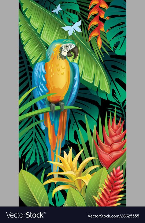 Rainforest Painting, Parrot Vector, Rainforest Art, Jungle Plants, Parrot Painting, Tropical Painting, Parrots Art, Jungle Art, Colorful Parrots