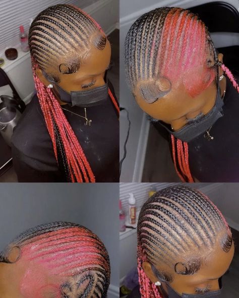 Colored Feed In Braids Cornrows, Faux Locs Marley Hair, Back Braids, Straight Back Braids, Bday Hair, Hair Braid Patterns, Feed Ins, Scalp Braids, Pink And Black Hair