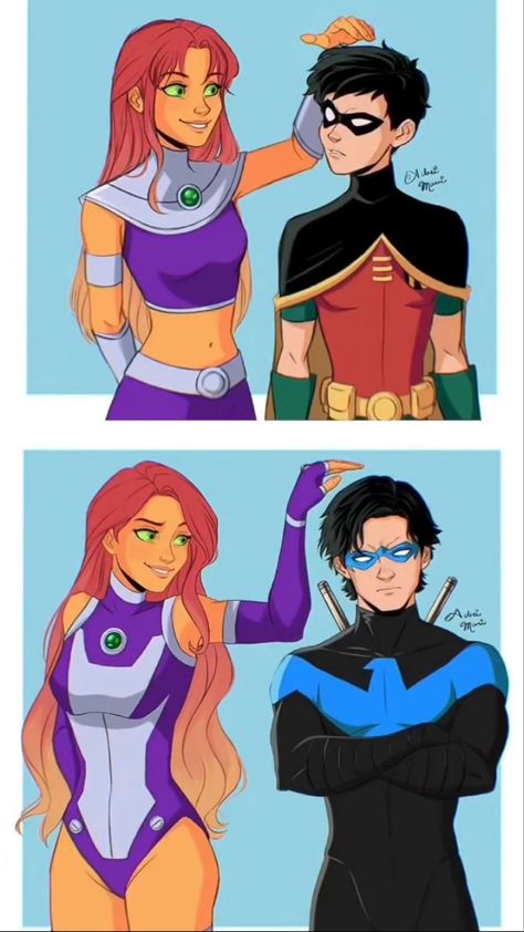 Teen Titans Love, Nightwing And Starfire, Original Teen Titans, Teen Titans Fanart, Teen Titan, Univers Dc, Dc Comics Artwork, Batman Family, Teen Titans Go