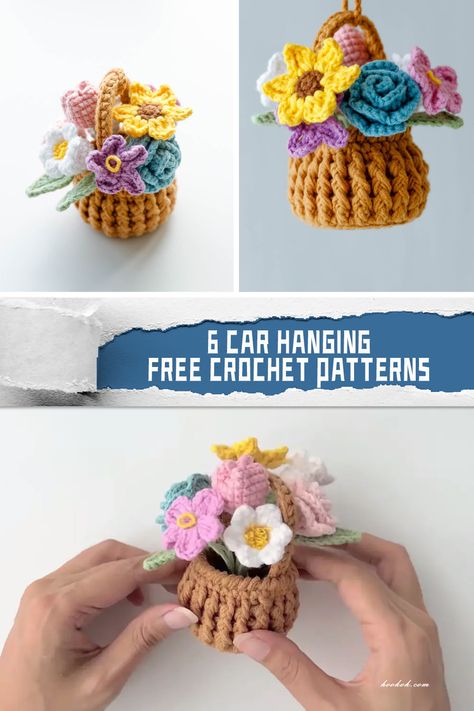 6 Car Hanging Crochet Patterns - FREE - iGOODideas.com Crochet Tiny Basket Free Pattern, Hanging Plant Crochet Pattern Free, Crochet Hanging Plant Pattern Free, Fun Crochet Patterns Free, Crochet Mini Flower Pot, Crochet Desk Decor, Crochet Hanging Plant Pattern, Crochet Plants Free Pattern, Crochet Display