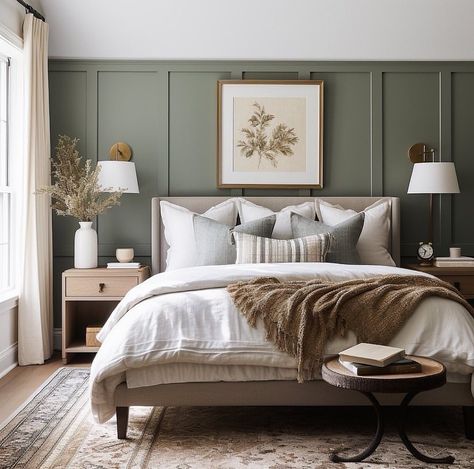 Bedding Ideas Dark Furniture, Sage Green Bedroom, Creative Bedroom, Bedroom Decor Cozy, Accent Wall Bedroom, Bedroom Redo, Bedroom Accent, Bedrooms Decor, Bedroom Refresh