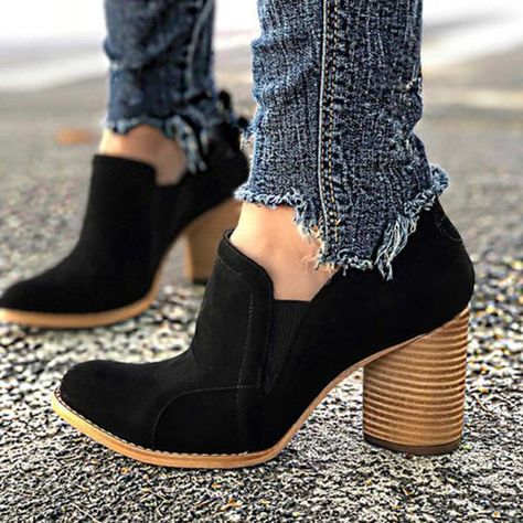 Stylingshoe Elegant Slip On Chunky Heel Ankle Boots Leopard Espadrilles, Chunky Heel Ankle Boots, Zipper Heels, Chunky Heels Boots, Heel Ankle Boots, Red Boots, Slip On Boots, Chunky Boots, Fall Shoes