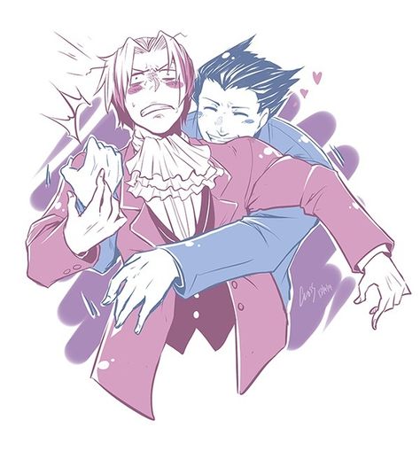 Phoenix's surprise hug!! Suprise Hug Reference, Surprise Hug, Kristoph Gavin X Phoenix Wright, Ace Attorney Phoenix X Edgeworth, Pokemon Hugging, Ace Attorney Maggey Byrde, Ace Attorney, Bee Photo, Phoenix Wright