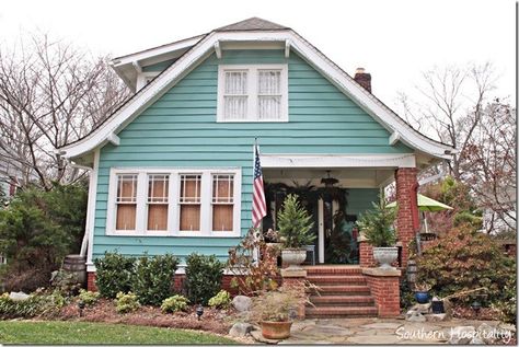 Teal House Exterior, Teal House, Mary Kay Andrews, Cottage Bungalow, Christmas House Tour, Cottage Exteriors, House With Porch, Southern Hospitality, Farmhouse Cottage