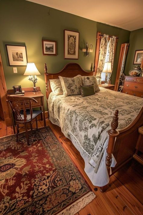 Old Style Bedroom Aesthetic, Cozy Cottage Interiors Bedroom, Gilded Age Bedroom, Romantic Guest Bedroom Ideas, Bed Rooms Ideas Cozy, Simple Vintage Bedroom, Grandma Bedroom Aesthetic, 90s Home Aesthetic, Green Wall Room