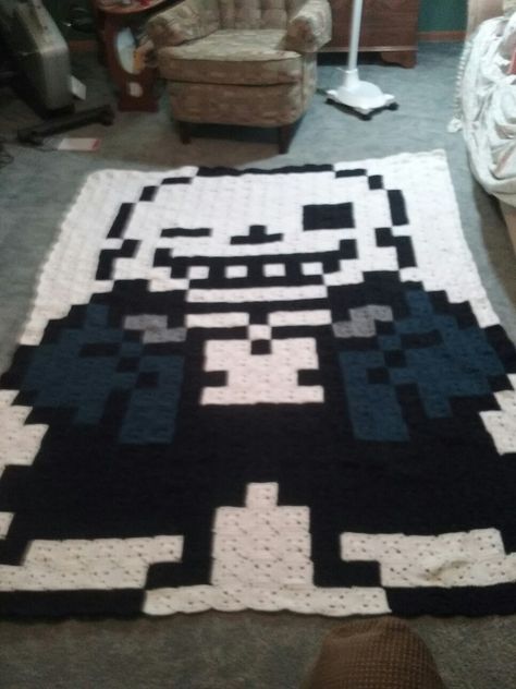 Sans,  Undertale granny square crochet blanket. Not a pattern Deltarune Crochet, Undertale Bedroom, Undertale Crochet Pattern, Undertale Crochet, 8 Bit Crochet, Crochet Tips And Tricks, Granny Square Crochet Blanket, Square Crochet Blanket, Spindle Crafts