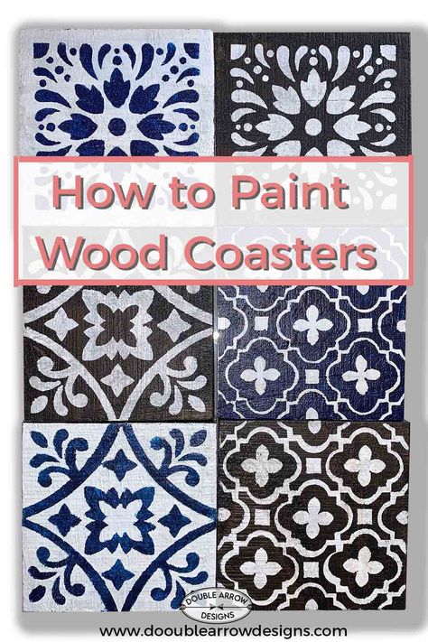 Painting Wood Coasters Ideas, Painting On Wooden Coasters, Painted Wooden Coasters, Wood Coasters Diy Painted Square, Hand Painted Wood Coasters, Eclectic Coasters, Liquitex Acrylic Paint, Tiles Diy, Arrow Designs