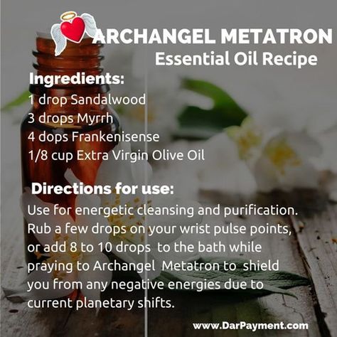 Arch  Angel Metatron essential oil recipe Magick Oil, Magical Stuff, Archangel Metatron, Essential Oil Blends Recipes, Diffuser Recipes, Essential Oil Diffuser Blends, Oil Diffuser Blends, Oil Uses, Aromatherapy Oils