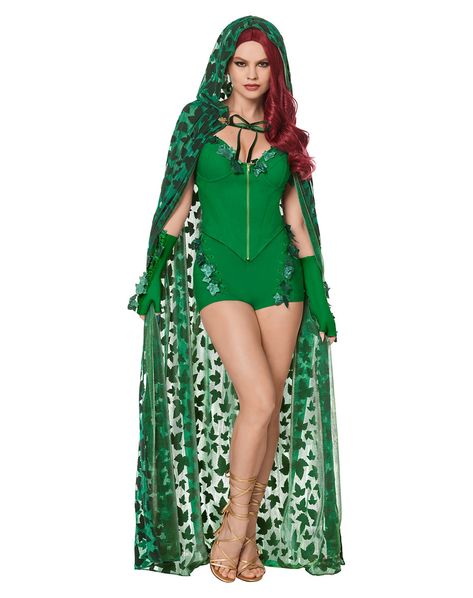 Become Poison Ivy in this mean, green costume! This stunning Poison Ivy costume includes a green corset and matching shorts, a floor-length hooded cape that ties at the neck, and green fingerless gloves. You'll turn heads as you demonstrate your supernatural control over plant life in a gorgeous sheer cape! Officially licensed Includes: Corset Shorts Hooded cape Fingerless gloves Material: Polyester, rayon, nylon, spandex Care: Spot clean Imported Note: Shoes and wig sold separately Poison Ivy Costume Diy, Poison Ivy Dress, Green Fingerless Gloves, Corset Shorts, Batman Costume Diy, Poison Ivy Halloween Costume, Poison Ivy Costume, Superhero Costumes Female, Green Costume