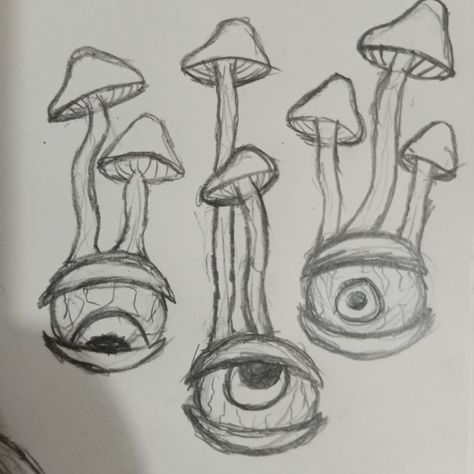 Things To Draw Tattoo Ideas, Eye Mushroom Drawing, Spooky Sketches Halloween, Surrealism Drawing Ideas Easy, Weird Painting Ideas Easy, Surrealism Easy Drawing, Funky Things To Draw, Weird Core Sketches, Scary Easy Drawings