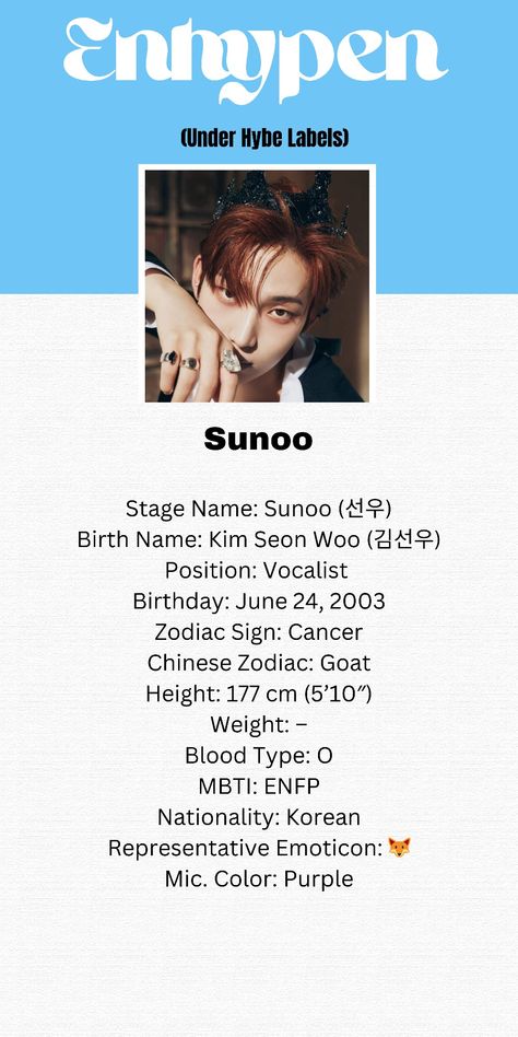 Enhypen Korean Name, Sunoo Profile, Enhypen Stage, Kpop Notebook, Kpop Quiz, Korean Song Lyrics, Kpop Profiles, Diary Ideas, Korean Name