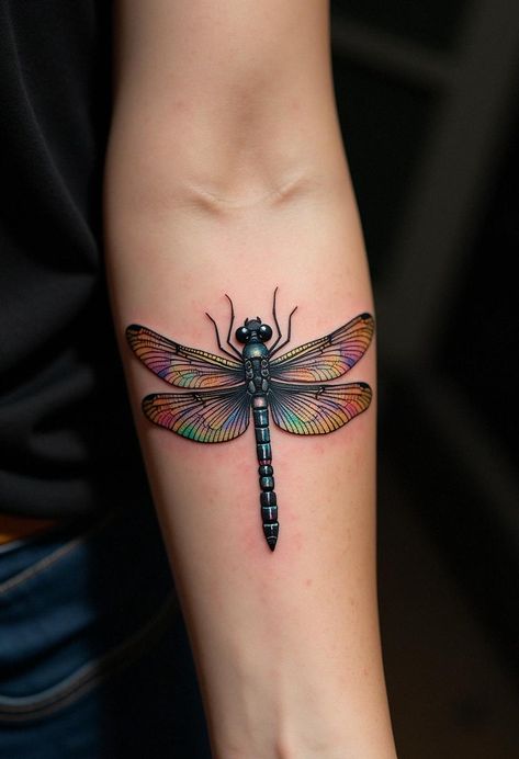 dragonfly tattoos Dragonfly Tattoo Sleeve Women, Rainbow Dragonfly Tattoo, Dragon Fly Tattoo Color, Dragonfly Color Tattoo, Colorful Dragonfly Tattoo, Dragonfly Chest Tattoo, Dragonfly Tattoo Color, Dragon Fly Tattoo, Dragonfly Tattoos