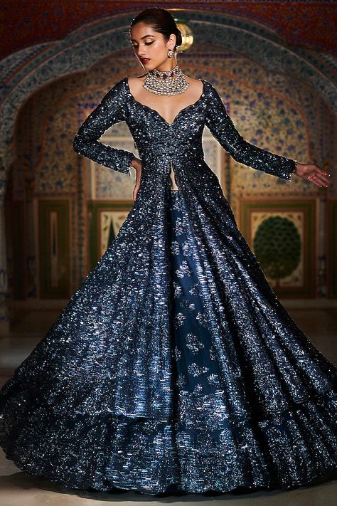 Midnight Blue Embroidered Jacket Lehenga Set Design by Seema Gujral at Pernia's Pop Up Shop 2022 Jacket Lehenga, Seema Gujral, Ritu Kumar, Indian Fashion Designers, Pernia Pop Up Shop, Silhouette Crafts, Embroidered Jacket, Pop Up Shop, Set Design