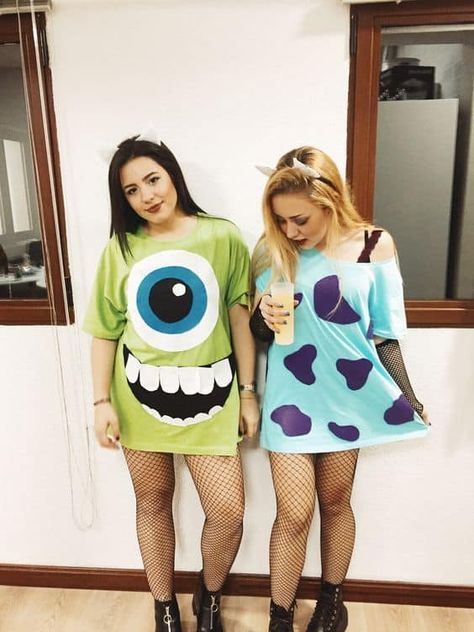 50 Clever Halloween Costumes for Friends » Lady Decluttered Diy Mike Wazowski Costume Women, Mike And Sully Costume, Sully Halloween Costume, Sully And Boo Costume, Rockstar Halloween Costume, Halloween Costumes For Friends, Costumes For Friends, Sully Costume