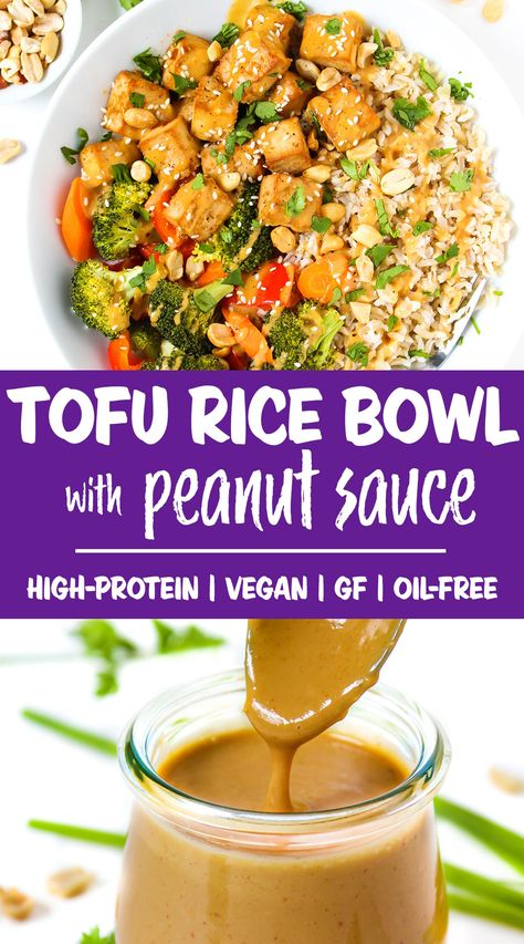 Tofu Rice Bowl with Peanut Sauce Peanut Sauce Tofu Bowl, Meals With Tofu, Tofu Peanut Sauce, Peanut Sauce Tofu, Tofu Rice Bowl, Tofu And Rice, Tofu Peanut, Ginger Peanut Sauce, Garden Grazer