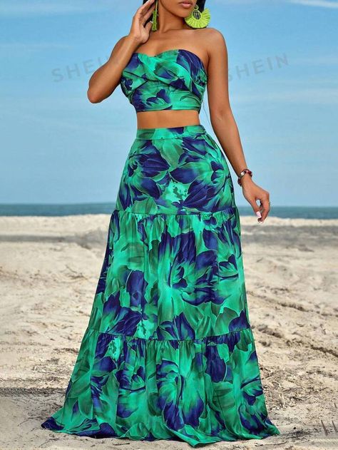 African Bridal Dress, Side Twist, Spring Attire, Style Désinvolte Chic, Long African Dresses, Ruffle Hem Skirt, Bandeau Tops, Women's Outfit Sets, Shein Outfits