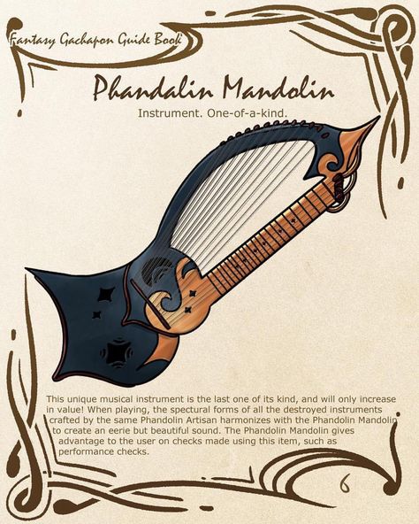 Mandolins are cool instruments already, but I decided to combine this one with a harp to make it a little more magical. Bard Instruments, Cool Instruments, Dnd Loot, 5e Items, Dnd Bard, Instrument Craft, Dnd Magic, Dnd Homebrew, Dnd Items