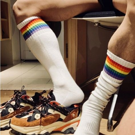 Pieces: Set Socks Tube Height: High Tube Thickness: Standard Gender: Men Sock Type: Casual Material: Cotton Material: Polyester High: Crew Long White Socks, Mens Sports Socks, Rainbow Socks, Football Socks, Socks Men, Comfortable Socks, Rainbow Party, White Rainbow, Muscular Men