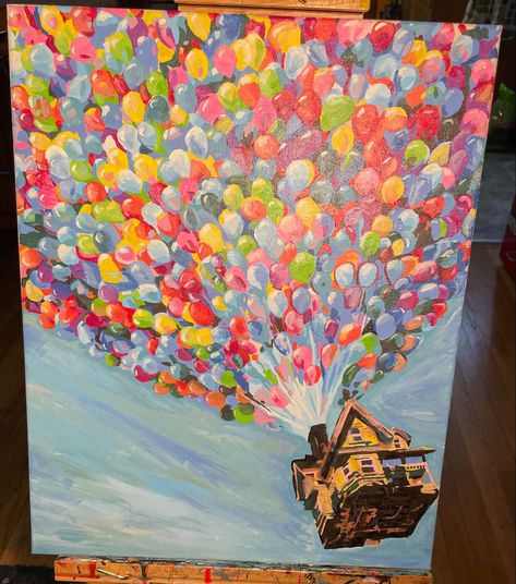 Up Acrylic Painting Disney, Ballon Painting Canvas, Up Painting Disney, Up Movie Painting, Disney Acrylic Painting, Canvas Painting Tutorial, Beginner Painting On Canvas, Beach Canvas Paintings, Painting On Canvas For Beginners