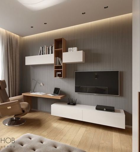 Tv Lounge Design, Living Room Office Combo, Living Room Minimal, Desk Wall Unit, Tv Unit Bedroom, Home Office Layouts, Hypebeast Room, Earls Court, Kids Room Interior Design