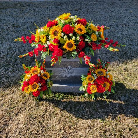 "This large Sunflower and Geranium headstone saddle and memorial cone set is a wonderful grave decoration for fall memorial or any season! Our cemetery saddle set is made with high quality silk grave flowers such as sunflowers, geranium, Quenn Ann's Lace, gladiolas, and silk fern all mounted on a quality metal saddle frame with four legs and protective rubber coverings to protect and secure your grave saddle. Just bend legs inward to fit your particular stone size.  The cone arrangements have faux floral artificial flowers on one side and silk fern greenery along the backside. This funeral arrangement is ready to ship immediately with FREE SHIPPING!! Thank you for your interest and we hope you will place an order with Martin's. You will be glad you did! Martin's Flowers are Long Lasting an Flowers For Cemetery, Sunflower Arrangements, Grave Flowers, Cemetery Decorations, Grave Decorations, Deer Hunter, Memorial Flowers, Cemetery Flowers, Grave Marker