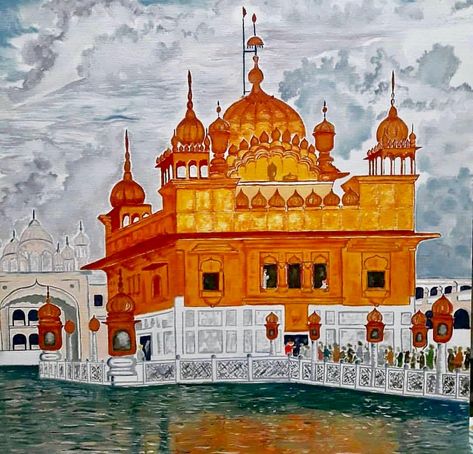 Shri Harmandar Sahib  Golden Temple  Amritsar Punjab India Golden Temple Drawing, Golden Temple Painting, Land Painting, Earth Day Drawing, Guru Nanak Photo, Temple Painting, Guru Nanak Ji, Temple Drawing, Golden Temple Amritsar