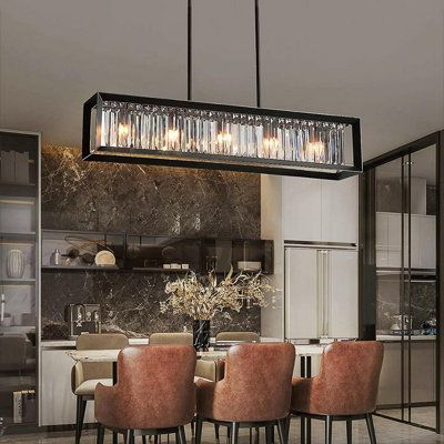 Exquisite rectangular design equipped with black iron frame and shiny K9 crystal, modern, classic, and luxurious. Creating a high level of gorgeous decoration for the Kitchen island, bedroom, and dining room, makes your room full of modern and luxury sense! | Everly Quinn Vyolet 5 - Light Kitchen Island Square / Rectangle Pendant, Crystal in Black | 11 H x 35.5 W x 7 D in | Wayfair Kitchen Island Square, Dining Lights, Modern Dining Room Lighting, Kitchen Table Lighting, Island Bedroom, Bold Kitchen, Black Kitchen Island, Lights Hanging, Kitchen Island Linear Pendant