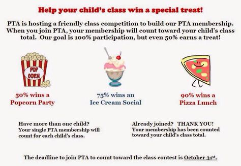 What an amazing idea. Must do this for next years PTA membership class incentive Pta Membership Drive Incentives, Elementary School Pta Events, Pta Membership Ideas, Pto Membership Drive, Pto Fundraisers, Pta Membership Drive, Ptsa Ideas, Parent Council, Pto Membership