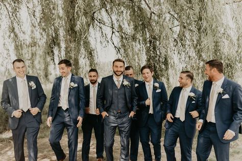 Champagne Bridesmaid Navy Groomsmen, Tan Suit Navy Tie, Champagne Ties Groomsmen, Taupe And Navy Wedding Party, Navy Suit Champagne Tie, Groomsman Champagne, Suits For Groomsmen, Fall Groomsmen, Navy Groomsmen Suits