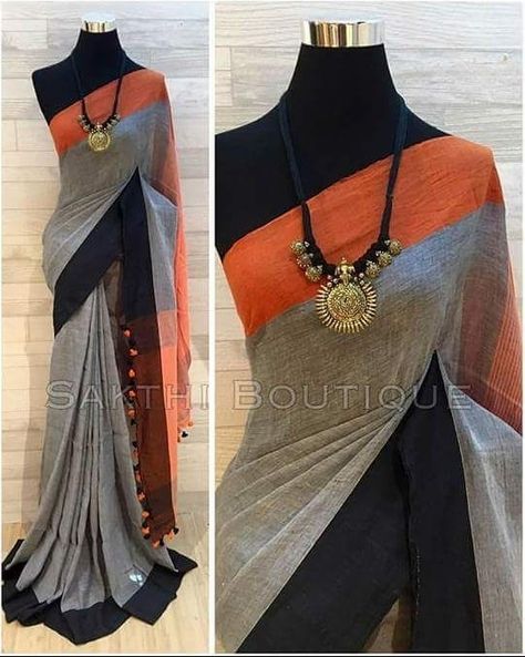 Dresses From Old Cotton Sarees, Black Linen Saree, Linen Cotton Sarees, Summer Saree, Cotton Sarees Online Shopping, Shirts Pattern, Cotton Saree Blouse Designs, Sarees For Girls, Pattu Saree Blouse Designs