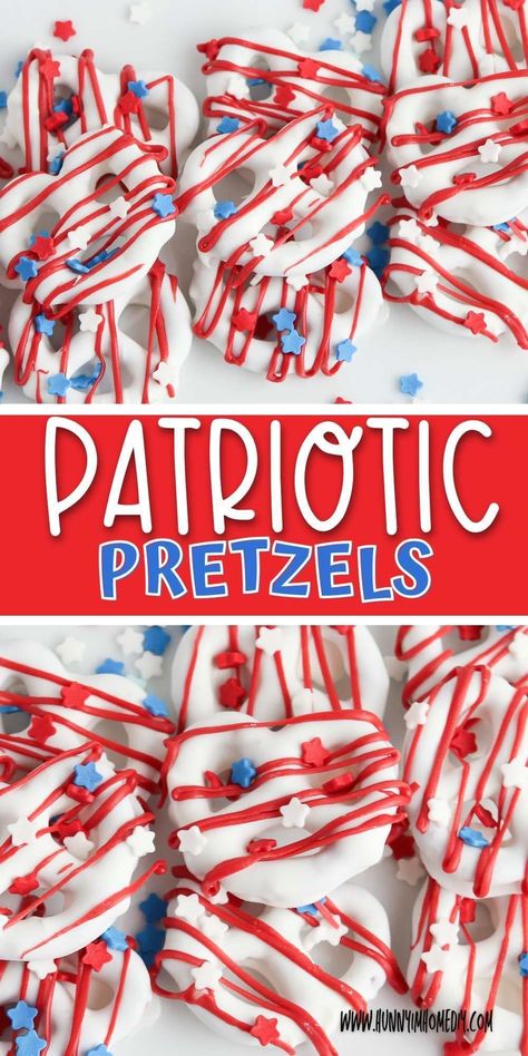 Looking for easy summer party ideas? These sweet and salty chocolate covered pretzels are one of the best for the 4th of July! Add some patriotic sprinkles and red, white, and blue decorations to make this easy no bake snack for kids and adults! It's an easy summer treat perfect for the holidays -- from Independence day to Memorial Day! Red White And Blue Pretzels, Fourth Of July Pretzels, 4th Of July Snacks Easy, 4th Of July Pretzels, Fourth Of July Snacks For Kids, Red White Blue Appetizers, July 4th Treats, Fourth Of July Food Appetizers, 4th Of July Baking