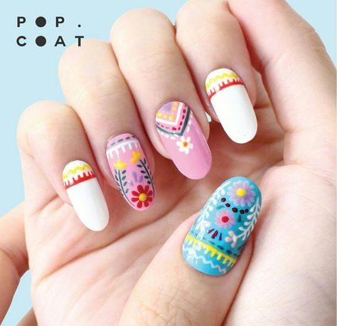 Embroidery inspired floral nail art Mexican Nails, Pink Flower Nails, Spring Acrylic Nails, Colorful Nail Art, Colorful Nail, Floral Nail Designs, Floral Nail, Nail Design Inspiration, Flower Nail Designs