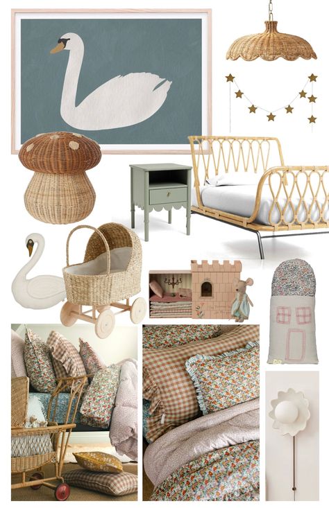 Maileg Inspired Bedroom, Toadstool Bedroom, Girls Bedroom Mood Board, Alter Space, Girls Bedroom Vintage, Vintage Girls Rooms, Room Mood Board, Maileg Mice, Swan Art