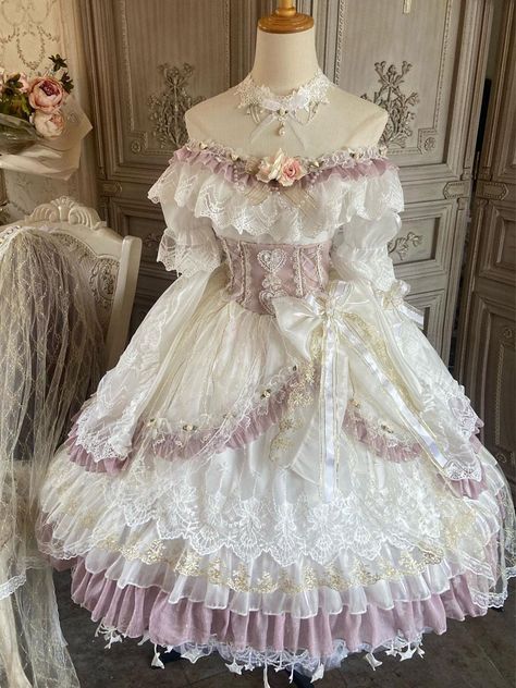 Sweet Lolita Dress Polyester Short Sleeves Dress - Lolitashow.com Lace Prom Dresses With Sleeves, White Pretty Dress, Winter Fairy Dress, Loltia Outfits, Cutecore Dresses, Lace Made Dress, Cute Fantasy Dress, Fansty Dresses, Pretty Wedding Dresses Princesses