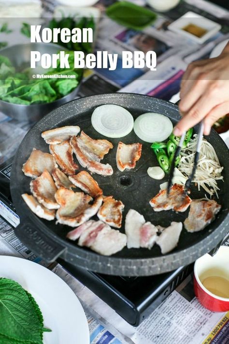 Korean Pork Belly BBQ | MyKoreanKitchen.com Pork Belly Bbq, Korean Pork Belly, Korean Bbq At Home, Korean Table, Bbq At Home, My Korean Kitchen, Korean Seoul, Korean Grill, Korean Pork