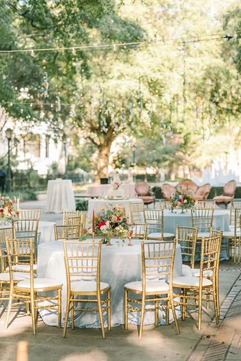 Afternoon tea-inspired wedding. Pink + green wedding colors, whimsical & elegant, garden setting. Garden Party Reception at The Lace House in Columbia, South Carolina. Florals are a sweet mix of peonies, roses, hydrangeas, ranunculus, delphiniums and eucalyptus.Abundant flowers, warm lighting and gold chiavari chairs completed the look. Garden Party Reception, Chiavari Chairs Wedding, Wedding Reception Chairs, House Reception, Gold Wedding Reception, Pink Green Wedding, Gold Chiavari Chairs, Party Reception, Wedding Planner App