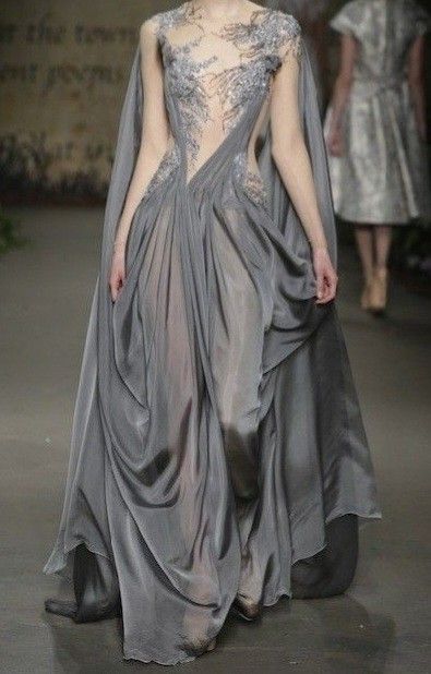 Grey Dress Runway, Silver Flowy Dress, Silver Fairy Dress, Sheer Gown Haute Couture, Ethereal Goddess Dress, Goddes Dresses, Fae Ballgown, Fae Dress Gowns, White Ethereal Dress