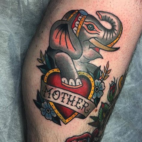 Elephant Mother tattoo by @rachaeldavison at Rose and Anchor Tattoo Studio in Melbourne Australia #rachaeldavison #roseandanchortattoostudio #melbourne #australia #mother #mothertattoo #elephanttattoo #traditionaltattoo #tattoo #tattoos #tattoosnob Old School Elephant Tattoo, Mamma Elephant Tattoo, Mother Tattoos Elephant, Traditional Style Elephant Tattoo, Elephant Flash Tattoo, Traditional Tattoo Elephant, Couple Matching Tattoo, Anchor Tattoo, Mother Tattoos