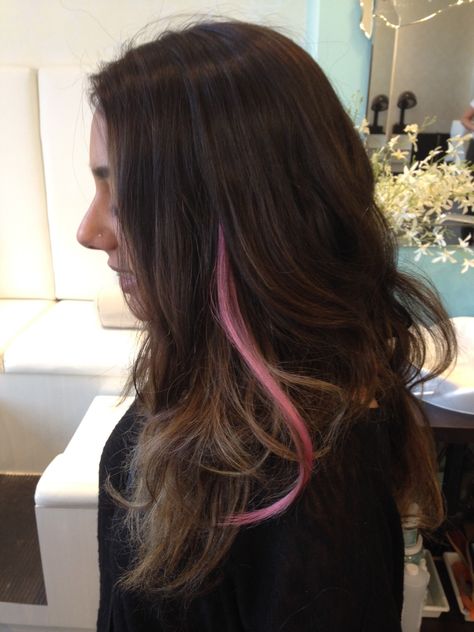 One Pink Streak In Hair, Dyed Strip Of Hair, One Strand Hair Dye, One Strand Dyed Hair, One Hair Strand Dyed, Hidden Hair Dye Ideas, Hidden Streaks In Hair, Pink Pieces In Brown Hair, Pink Streak In Hair