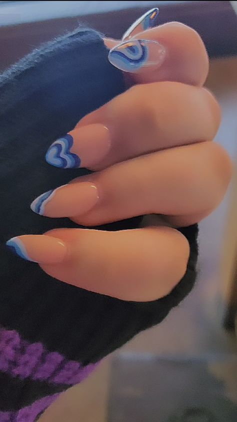 Nails Inspo Blue Almond, Bubbles Nails Powerpuff, Heart Nails Almond Shape, Blue Nail Almond, Short Nail Designs Almond Shape, Almond Nails Designs Blue, Blue Acrylic Nails Almond, Blue Nails Almond Shape, Dark Blue Almond Nails