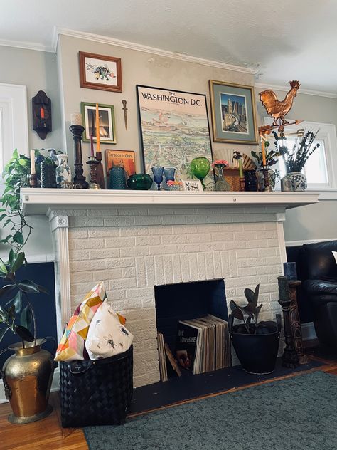 Fireplace Mantle Eclectic, Eclectic Living Room With Fireplace, Fireplace Decor Eclectic, Small Mantel Decorating Ideas With Tv, Mantel Decorating Ideas Maximalist, Thrifted Mantle Decor, Tv On Mantle Decor, Mantle Decor Maximalist, Eclectic Fireplace Mantle Decor