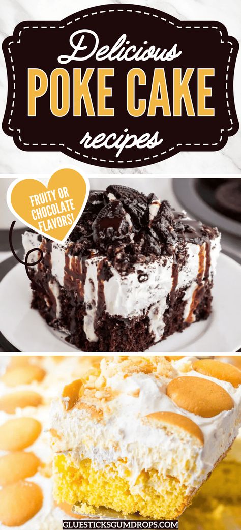 You have to try one of these delightful, easy-to-make poke cakes! Whether you're craving the classic Chocolate Peanut Butter or something refreshing like Strawberry Lemonade, these 13 recipes are fail-proof, making your next potluck or picnic a sweet success! Easy Poke Cakes, Polk Cakes, Raspberry Pie Filling, Poke Cake Lemon, Banana Pudding Poke Cake, Pudding Poke Cake, Oreo Pudding, Raspberry Pie, Poke Cake Recipes