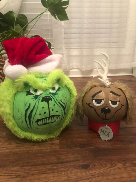 Grinch Pumpkin Decorating, The Grinch Pumpkin Painting, Grinch Pumpkin Painting, Grinch Pumpkin, Max From The Grinch, Shrek Character, Character Pumpkins, Decorative Pumpkins, Christmas Pumpkins