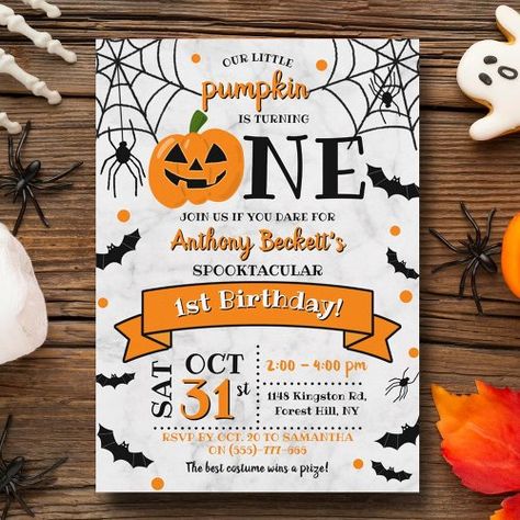 $1.98 | Little Pumpkin Turning One Halloween 1st Birthday - halloween, autumn, fall, typography, orange, spiders cobwebs, flying bats, little pumpkin turning one, 1st birthday, jack o'lantern October 1st Birthday Boy, First Birthday Halloween Theme, Pumpkin Turning One, Elmo Halloween, Fall Typography, Blueberry Birthday, Bday Themes, Spooky Birthday, Halloween First Birthday